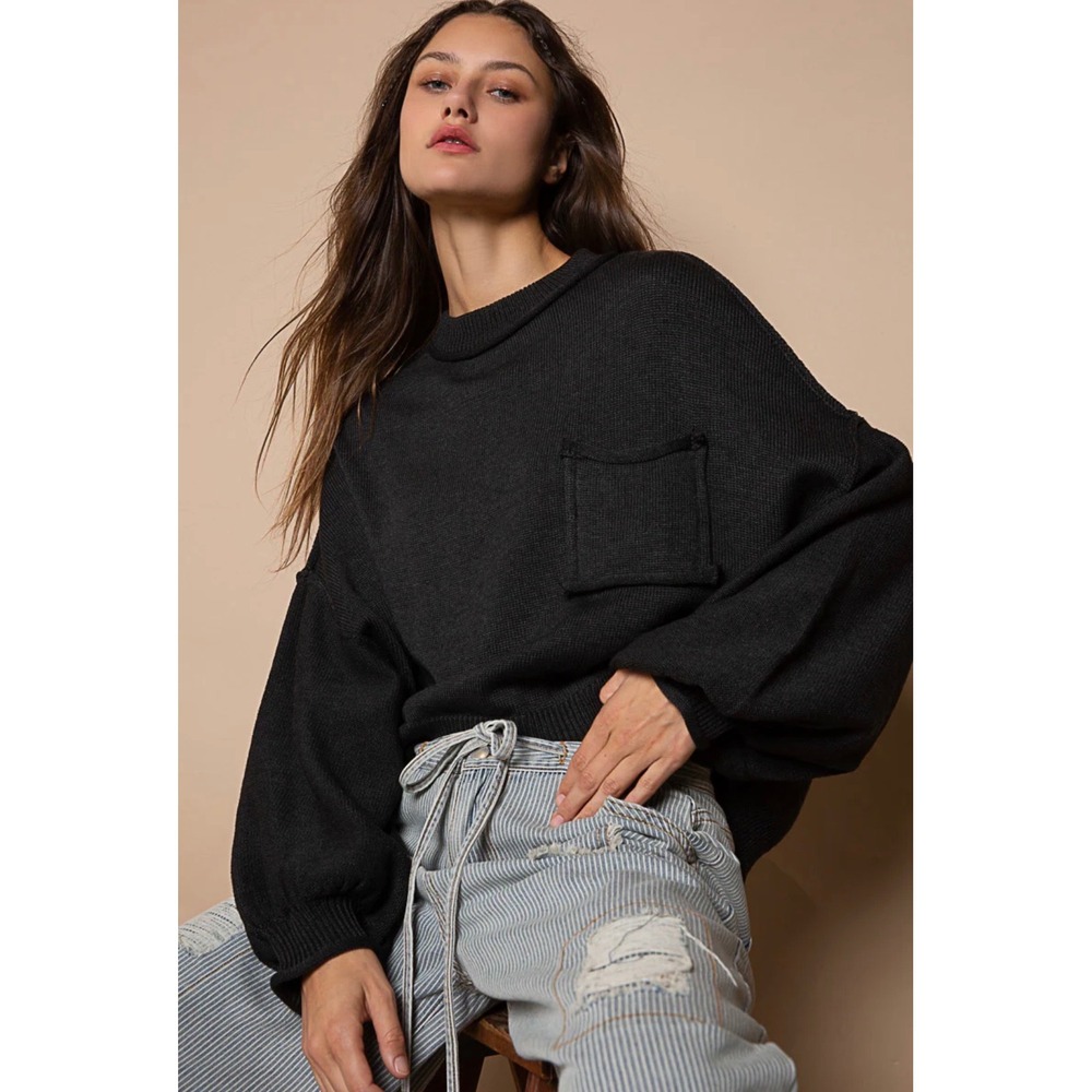POL Clothing Black Oversized Cotton Knit Sweater Mock Neck‎ Balloon Sleeve S